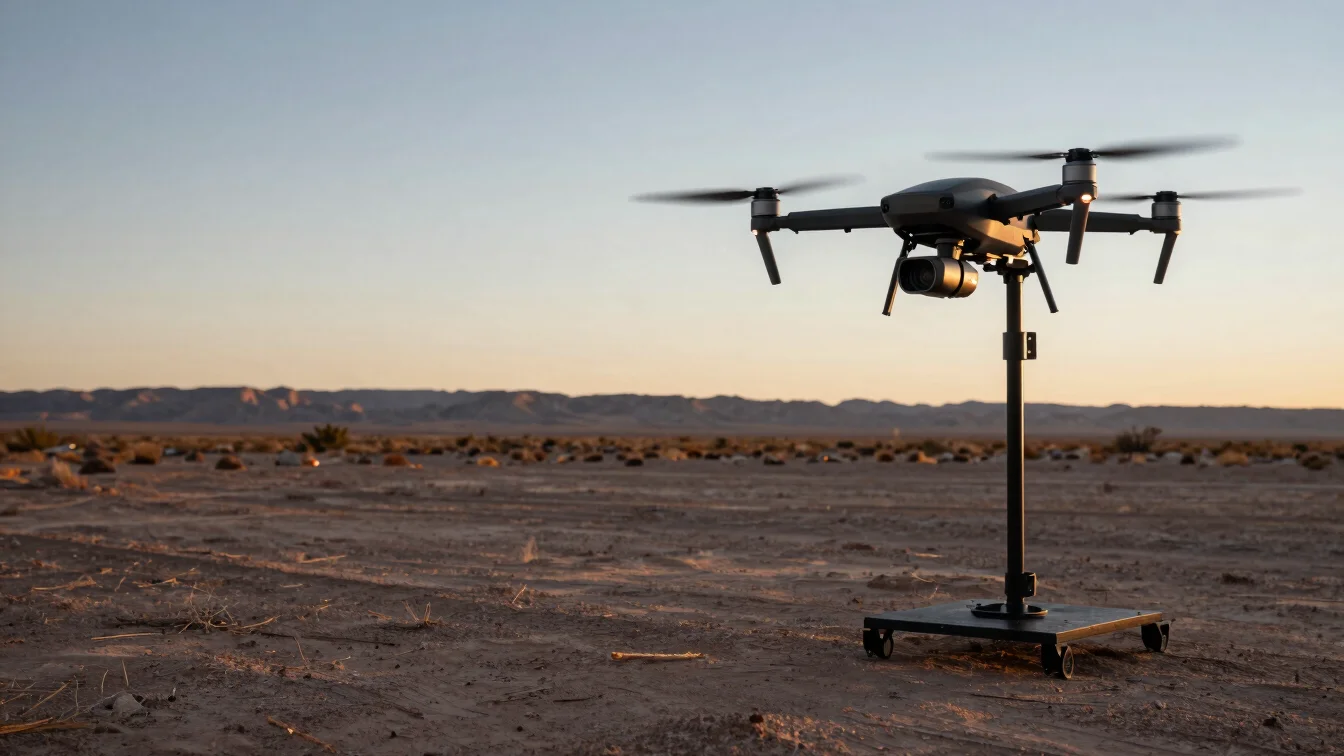 Wide panoramic Arizona desert at golden hour, an unmanned drone with AxisNav.in hardware mounted on a test stand to the