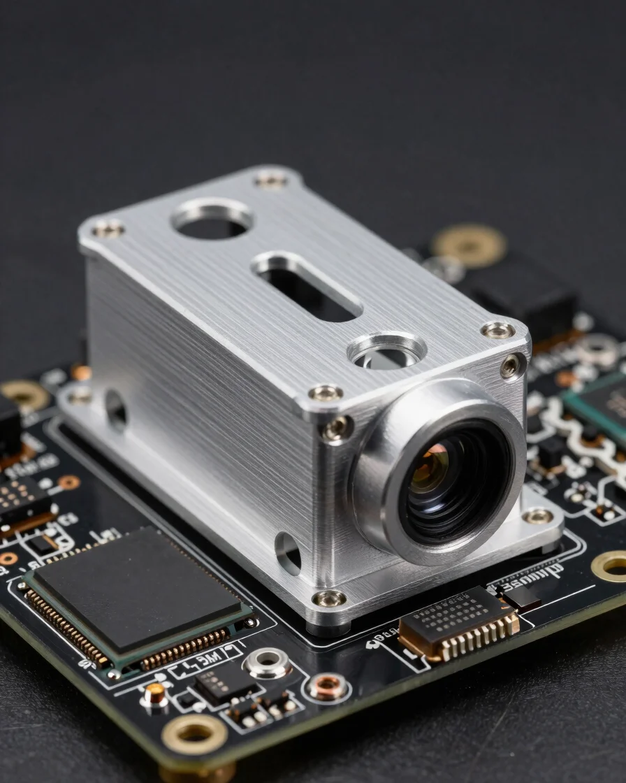 Macro studio photography of an anodized aluminum flight controller enclosure mounted on a matte black PCB with exposed s